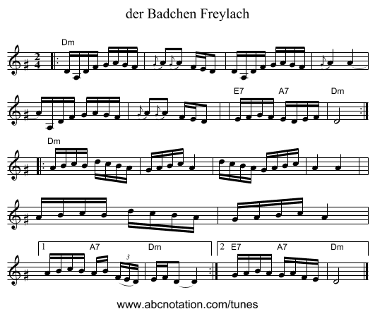 der Badchen Freylach - staff notation