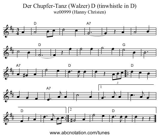 Der Chupfer-Tanz (Walzer) D (tinwhistle in D) - staff notation