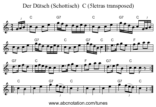 Der D&uuml;tsch (Schottisch)  C (5letras transposed) - staff notation