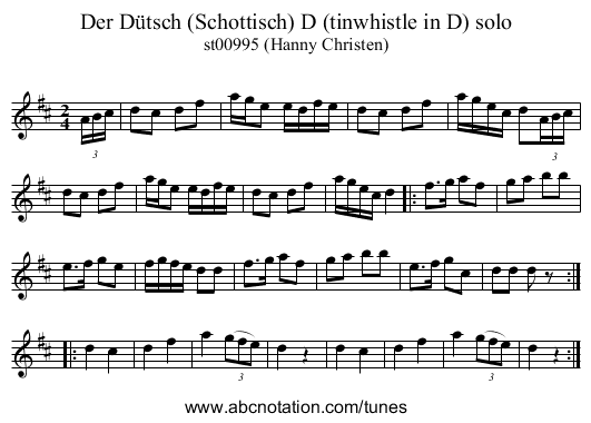Der D&uuml;tsch (Schottisch) D (tinwhistle in D) solo - staff notation
