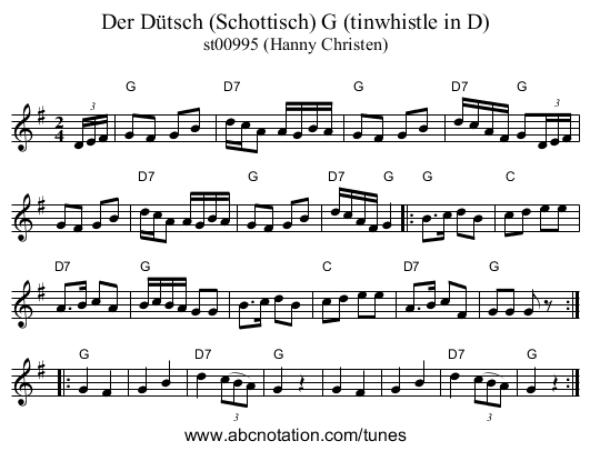 Der Dütsch (Schottisch) G (tinwhistle in D) - staff notation