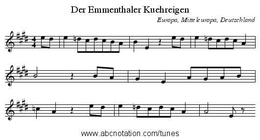 Der Emmenthaler Kuehreigen - staff notation