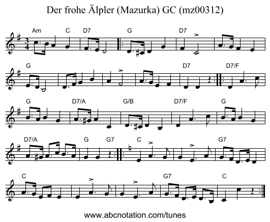 Der frohe Älpler (Mazurka) GC (mz00312) - staff notation