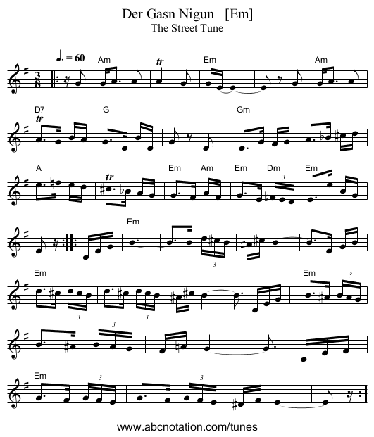 Der Gasn Nigun   [Em] - staff notation