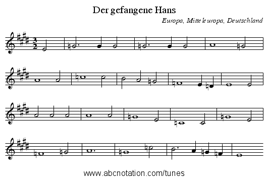 Der gefangene Hans - staff notation