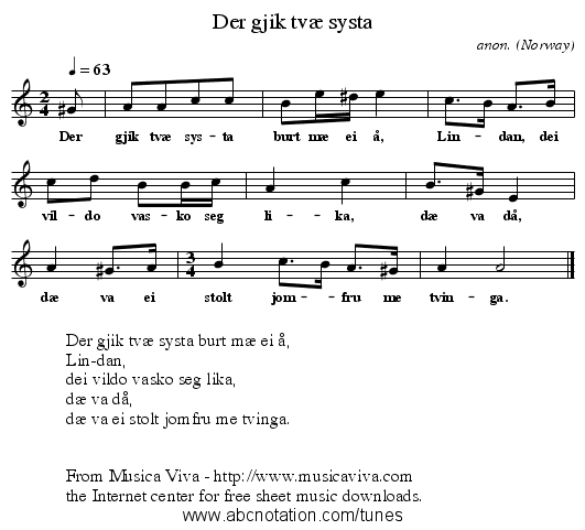 Der gjik tv&aelig; systa - staff notation