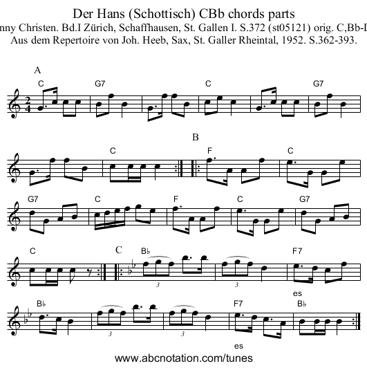 Der Hans (Schottisch) CBb chords parts - staff notation