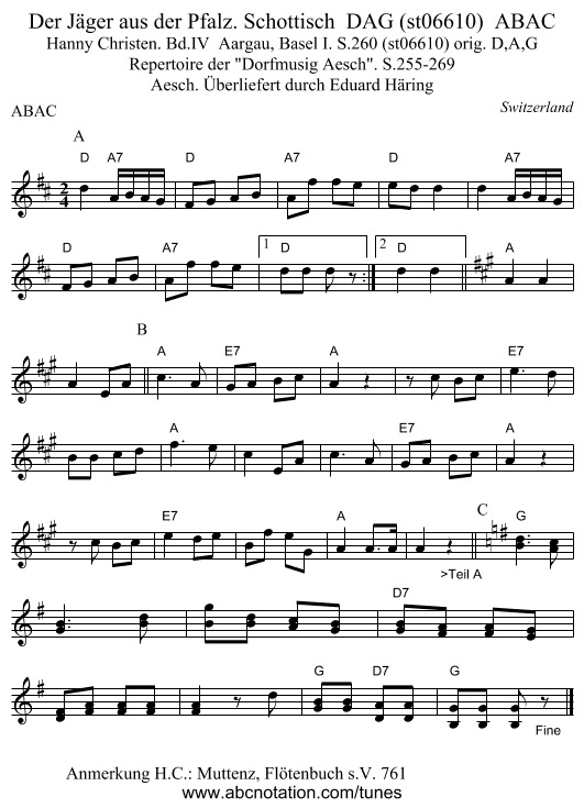 Der Jäger aus der Pfalz. Schottisch  DAG (st06610)  ABAC - staff notation
