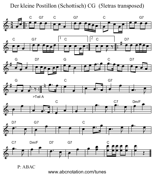 Der kleine Postillon (Schottisch) CG (5letras transposed) - staff notation