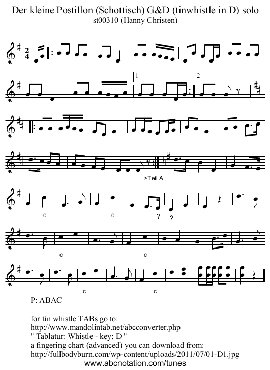 Der kleine Postillon (Schottisch) G&D (tinwhistle in D) solo - staff notation
