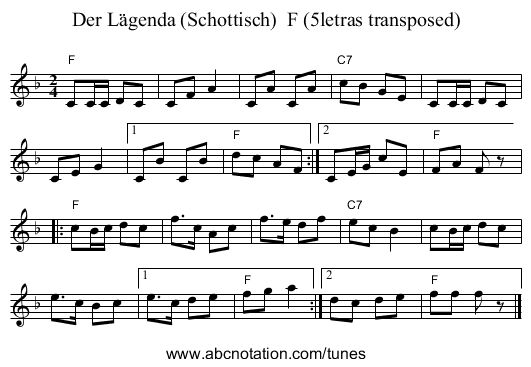 Der L&auml;genda (Schottisch)  F (5letras transposed) - staff notation