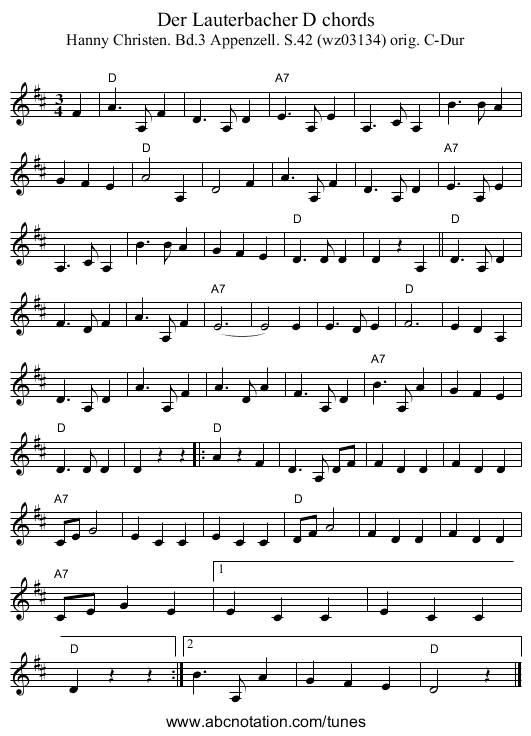 Der Lauterbacher D chords - staff notation