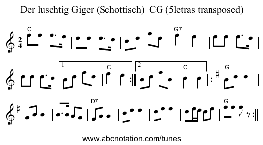 Der luschtig Giger (Schottisch)  CG (5letras transposed) - staff notation