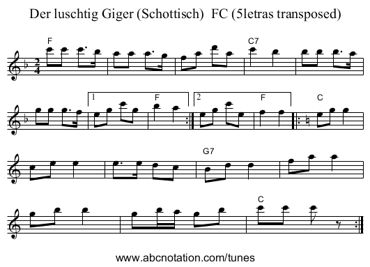 Der luschtig Giger (Schottisch) FC (5letras transposed) - staff notation