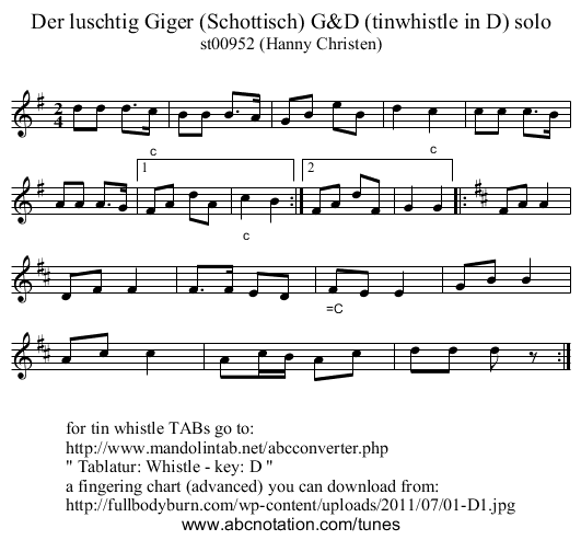 Der luschtig Giger (Schottisch) G&D (tinwhistle in D) solo - staff notation
