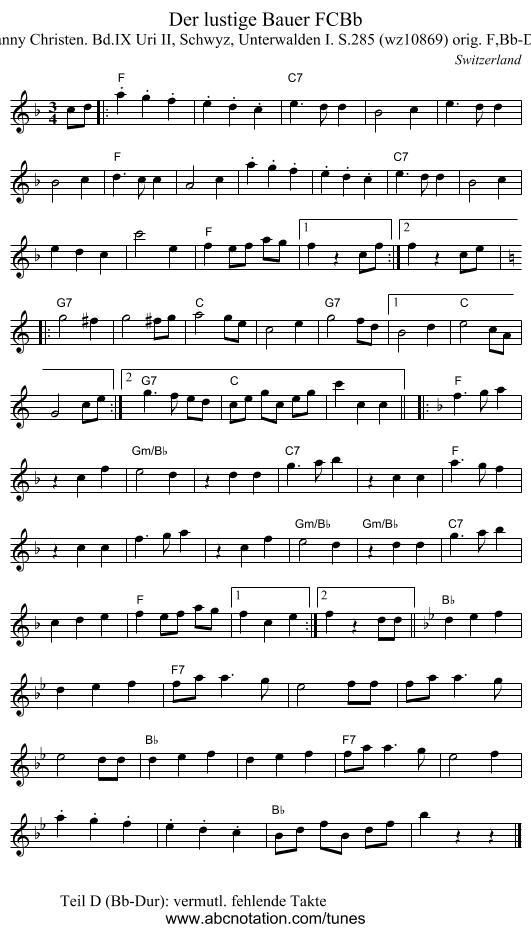 Der lustige Bauer FCBb - staff notation