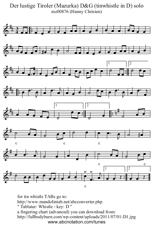 Der lustige Tiroler (Mazurka) D&G (tinwhistle in D) solo - staff notation