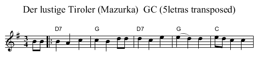 Der lustige Tiroler (Mazurka)  GC (5letras transposed) - staff notation