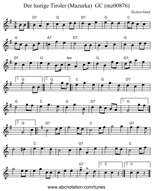 Der lustige Tiroler (Mazurka)  GC (mz00876) - staff notation