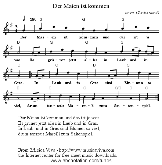 Der Maien ist kommen - staff notation