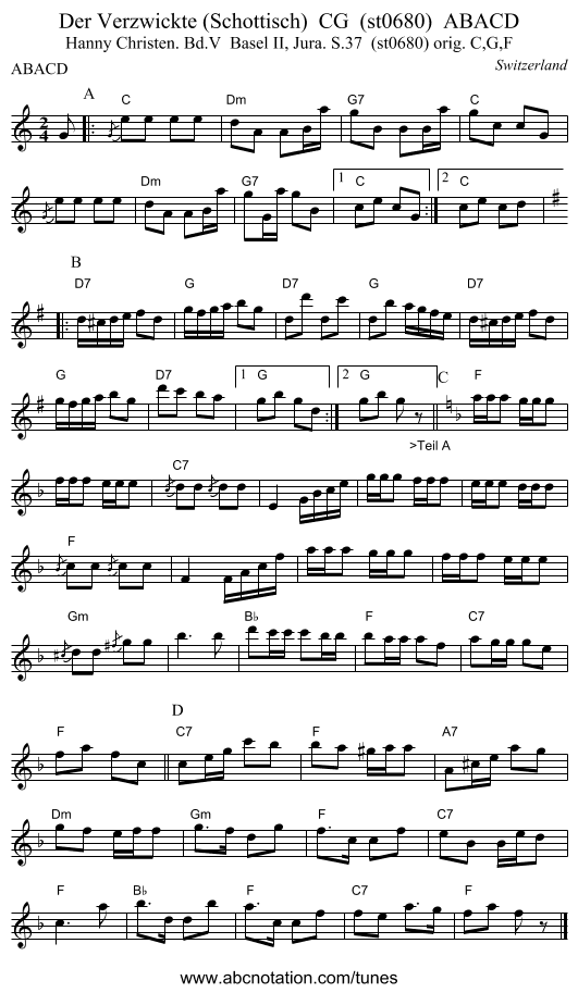 Der Verzwickte (Schottisch)  CG  (st0680)  ABACD - staff notation