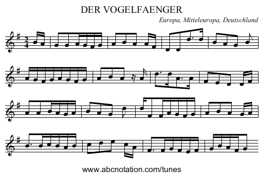 DER VOGELFAENGER - staff notation