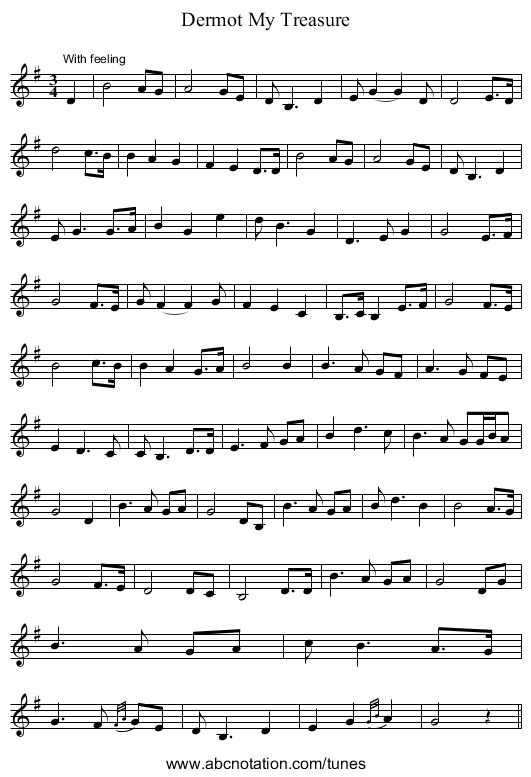 Dermot My Treasure - staff notation