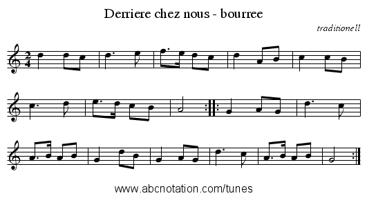 Derriere chez nous - bourree - staff notation
