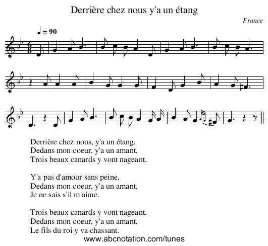 Derrière chez nous y'a un étang - staff notation
