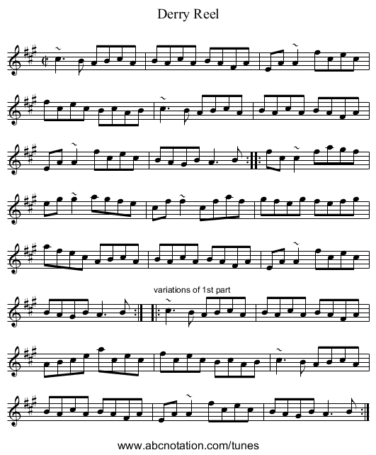 Derry Reel - staff notation