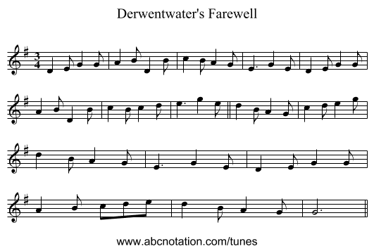 Derwentwater's Farewell - staff notation