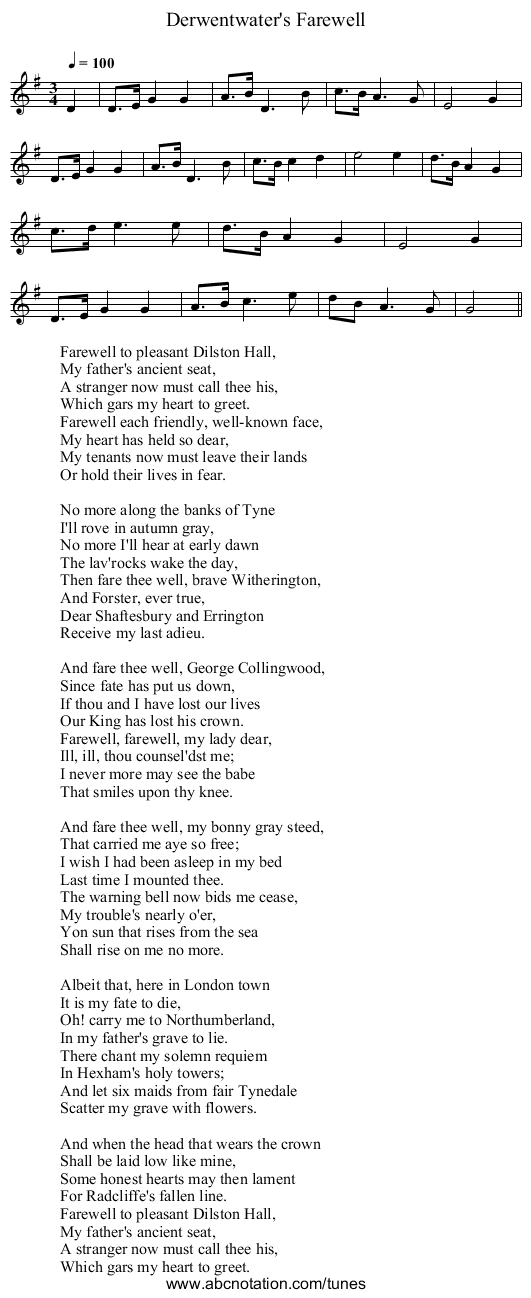 Derwentwater's Farewell - staff notation