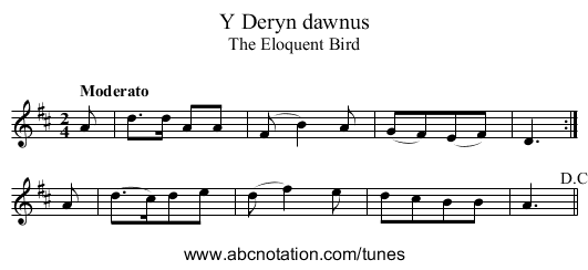 Deryn dawnus, Y - staff notation