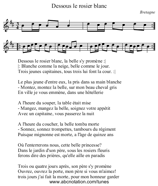 Dessous le rosier blanc - staff notation
