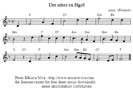 Det sitter en fågel - staff notation
