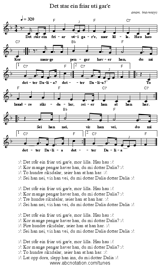 Det star ein friar uti gar'e - staff notation