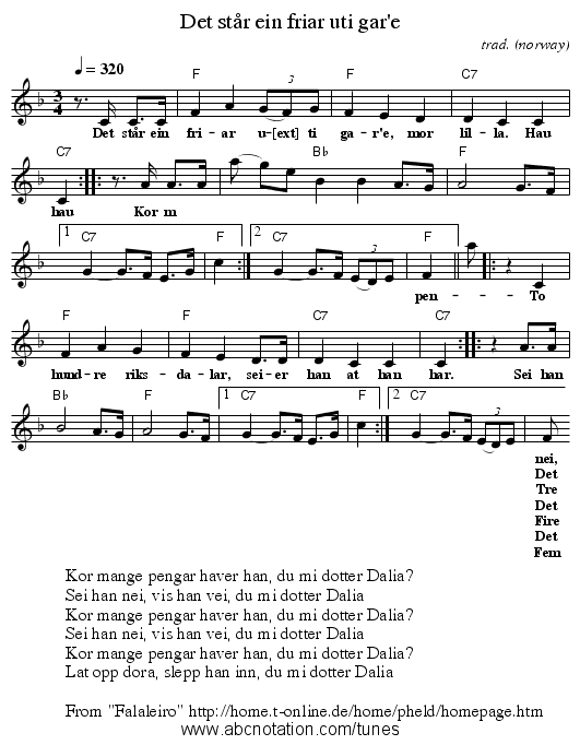 Det står ein friar uti gar'e - staff notation