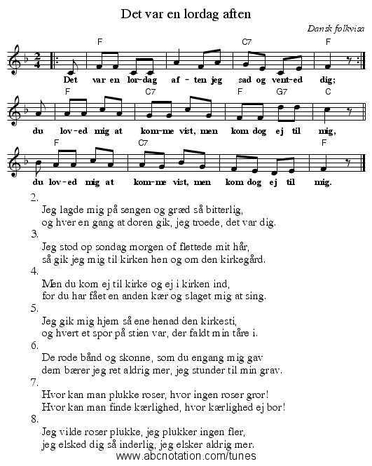 Det var en l&oslash;rdag aften - staff notation