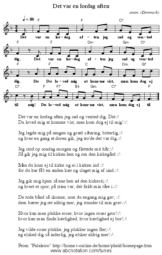 Det var en l&oslash;rdag aften - staff notation