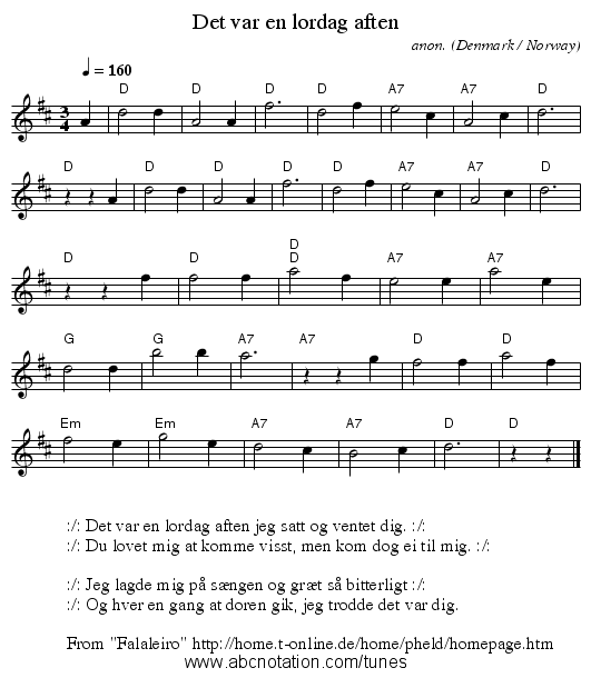 Det var en l&oslash;rdag aften - staff notation