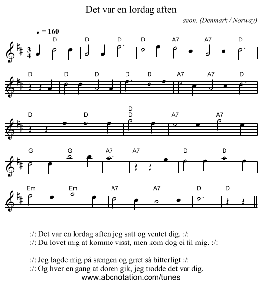 Det var en l&oslash;rdag aften - staff notation