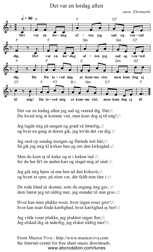 Det var en l&oslash;rdag aften - staff notation