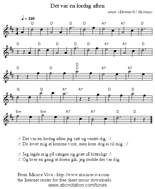 Det var en lørdag aften - staff notation