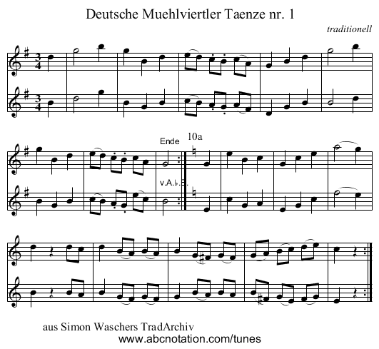 Deutsche Muehlviertler Taenze nr. 1 - staff notation