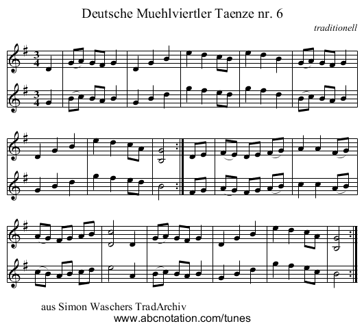 Deutsche Muehlviertler Taenze nr. 6 - staff notation