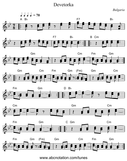 Devetorka - staff notation