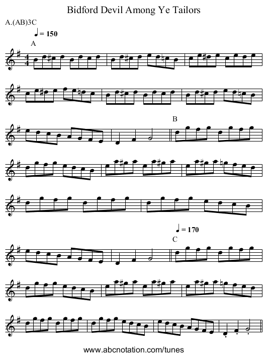 Devil Among Ye Tailors, Bidford - staff notation