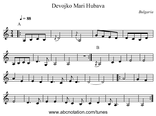 Devojko Mari Hubava - staff notation