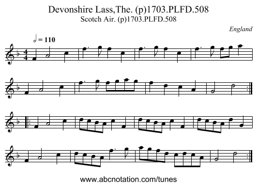 Devonshire Lass,The. (p)1703.PLFD.508 - staff notation