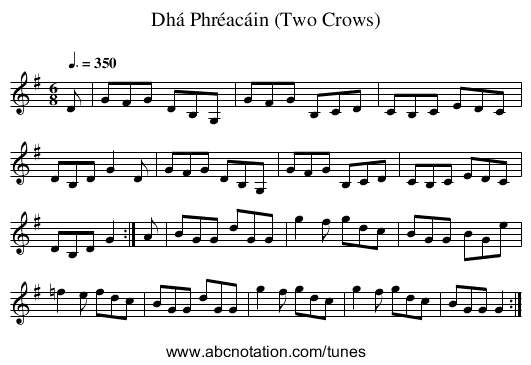 Dhá Phréacáin (Two Crows) - staff notation